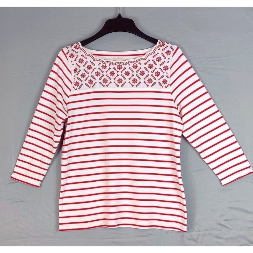 Allison Daily Tunic Knit Top Red White Stipes Three Quarter Sleeves Nautical